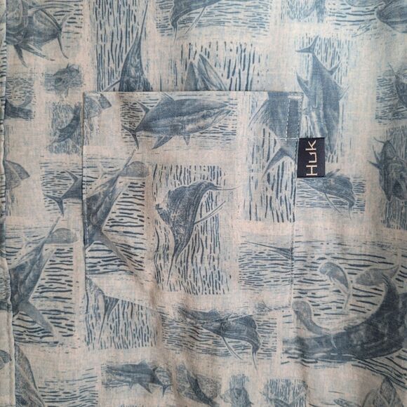 Huk KC Kona Stamped Shirt Men's Size Large Blue Button Up Fishing Outdoor Top - Picture 4 of 11